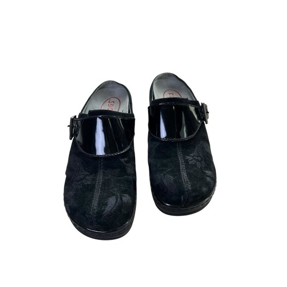 KLOGS Black Floral Leather Clogs Women's 7.5 Slip On Buckle Suede Arch Support - Picture 2 of 16